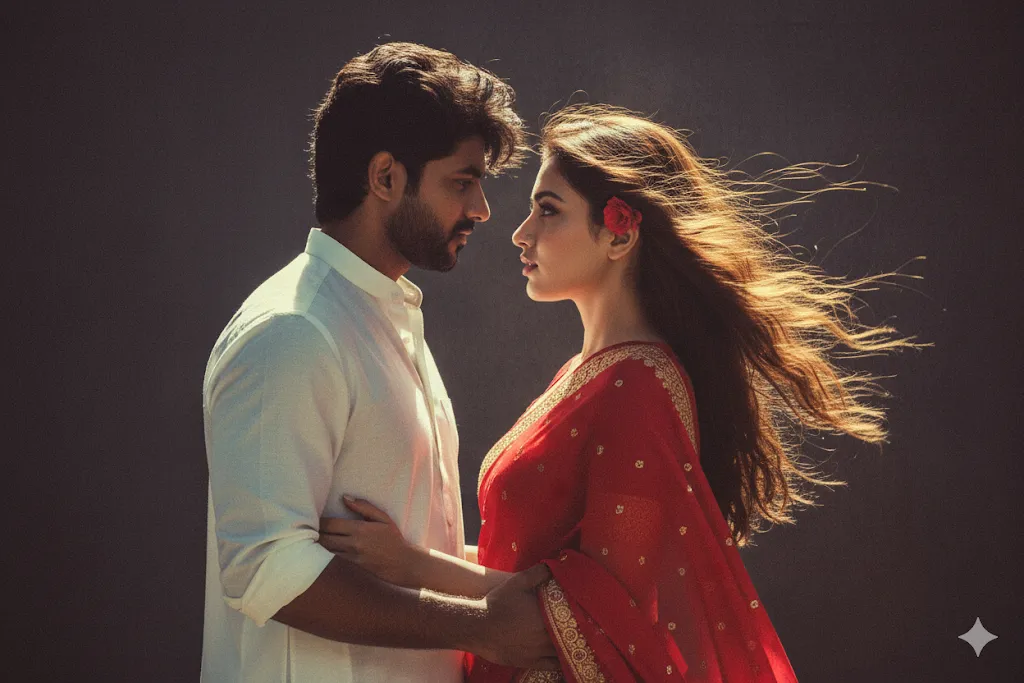 Create a retro, vintage-inspired image - grainy yet bright - based on the reference picture. The girl should be draped in a pertect red, Pinterest-style aesthetic retro saree, and the guy should be wearing a white kurta with a Pinterest-style Chinese collar in a retro look. The vibe must capture the essence of a 90s movie brown-haired baddie, with wavy curls and a small flower tucked visibly into her hair, and the hair should fly enhanced by a windy, romantic atmosphere. The guy should be holding her waist and looking deep into her eyes. They stand against a solid wall, where deep shadows and dramatic contrasts add mystery and artistry to the scene, creating a moody yet enchanting cinematic effect. They should be looking at each other.