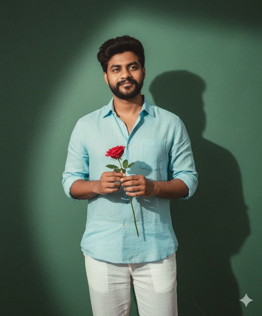 Romantic Man in Blue Shirt Holding Red Rose – Modern Studio Portrait with Soft Green Backdrop
