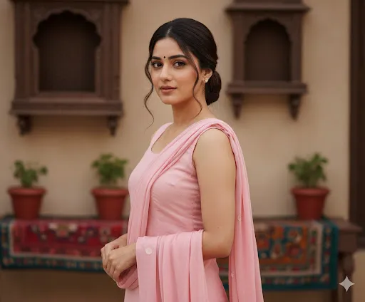 Graceful Outdoor Portrait: Woman in Light Pink Ethnic Dress and Dupatta (Gemini Ai Prompt)