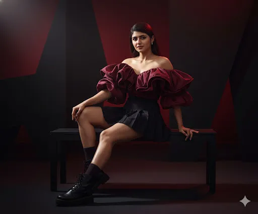 Dramatic Ruffled Top and Short Skirt: Studio Fashion Portrait with Boots (Gemini Ai Prompt)