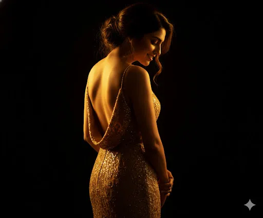 Backless Golden Evening Gown: Dramatic Studio Lighting Fashion Portrait (Gemini Ai Prompt)