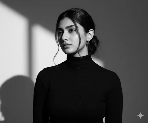 Shadow & Light – Woman in Black Turtleneck with Sunlit Contrast (Gemini Ai Prompt)