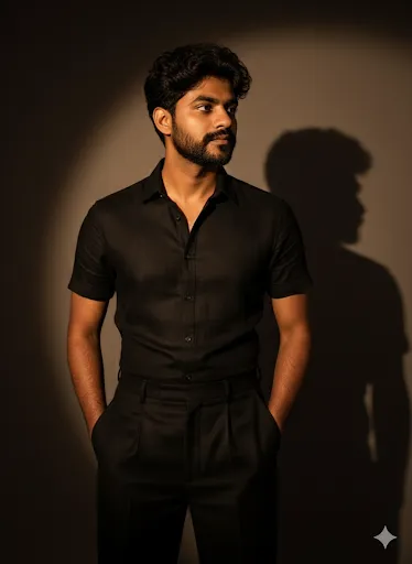 Shadow Persona – Man in Black with Dramatic Spotlight and Silhouette (Gemini Ai Prompt)