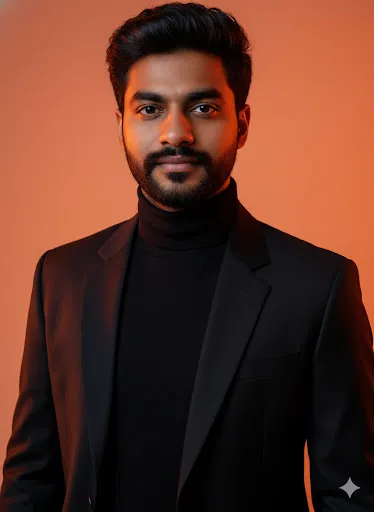 Editorial Men's Fashion: Black Turtleneck Suit on Orange Background (Gemini Ai Prompt)