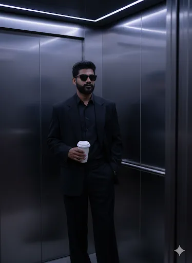 Midnight Minimalist – Man in Black Suit with Coffee in Elevator (Gemini Ai Prompt)