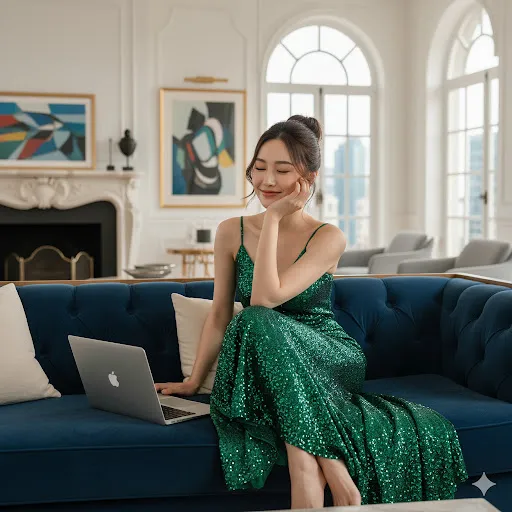 Elegant Woman in Green Dress Working on Laptop in Modern Luxury Living Room (Gemini Ai Prompt)