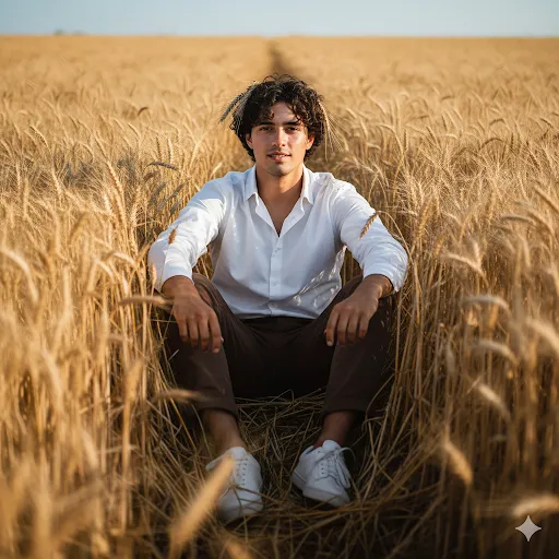 Golden Solitude – Man in Wheat Field under Sunlit Sky (Gemini Ai Prompt)