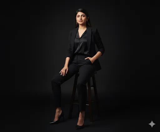 ower Pose: Woman in Black Suit Studio Fashion Portrait (Gemini Ai Prompt)