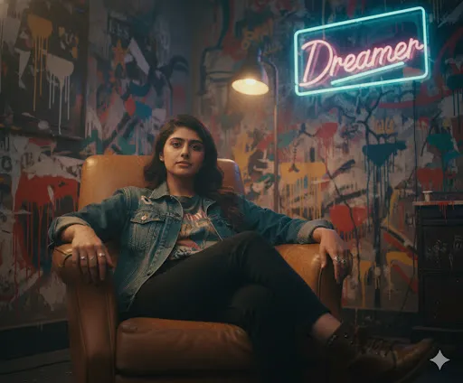 Urban Graffiti Lounge Portrait: Woman in Denim Jacket with Neon Dreamer Sign (Gemini Ai Prompt)