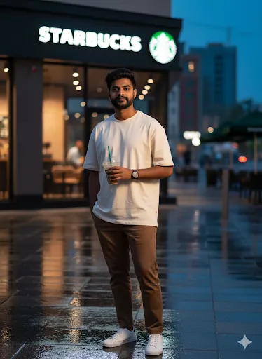 Casual Men’s Fashion: White T-Shirt and Brown Pants Outside Starbucks (Gemini Ai Prompt)