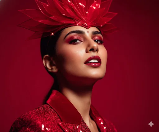 Avant-Garde Fashion Portrait: Woman in Red Sequin Jacket with Dramatic Fascinator Headpiece (Gemini Ai Prompt)