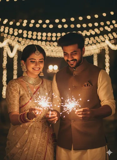 Indian Couple Sparkler Celebration in Traditional Diwali Outfits (Gemini Ai Prompt)