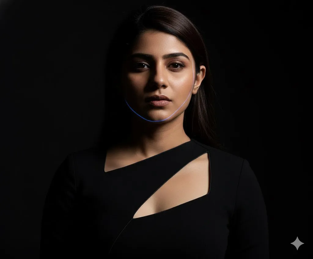 Minimalist Dark Fashion Portrait: Woman in Black Cutout Dress with Sleek Styling (Gemini Ai Prompt)