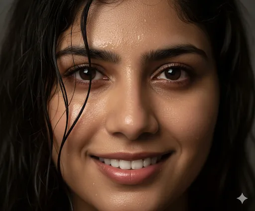 After the Rain – Closeup of a Joyful Woman with Wet Hair (Gemini Ai Prompt)