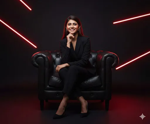 Powerful Studio Portrait: Woman in Black Suit Seated on Armchair with Neon Lights (Gemini Ai Prompt)