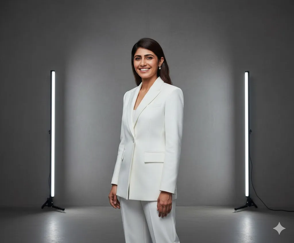Minimal Studio Fashion: Woman in White Pantsuit with Sleek Styling (Gemini Ai Prompt)