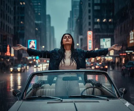 City Bliss – Woman with Outstretched Arms in Convertible on Rainy Night (Gemini Ai Prompt)