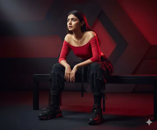 Edgy Fashion Portrait: Woman in Red Off-Shoulder Top, Cargo Pants, and Sneakers in Studio (Gemini Ai Prompt)