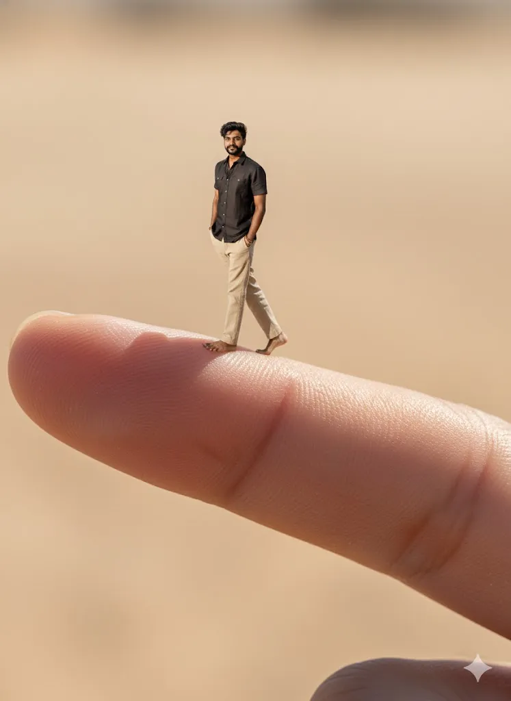 Surreal Miniature Concept: Man Walking on Finger in Outdoor Setting (Gemini Ai Prompt)