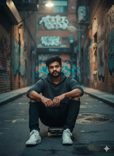 Urban Grunge Streetwear: Man in Hoodie and Sneakers Skateboarding in Alley (Gemini Ai Prompt)