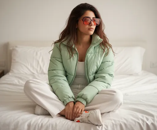 Cozy Minimalist Fashion: Woman in Light Green Puffer Jacket Indoors (Gemini Ai Prompt)