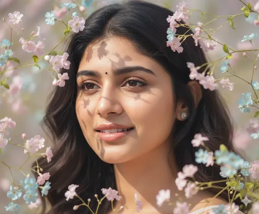 Floral Muse – Woman Surrounded by Soft Blossoms in Spring Glow (Gemini Ai Prompt)