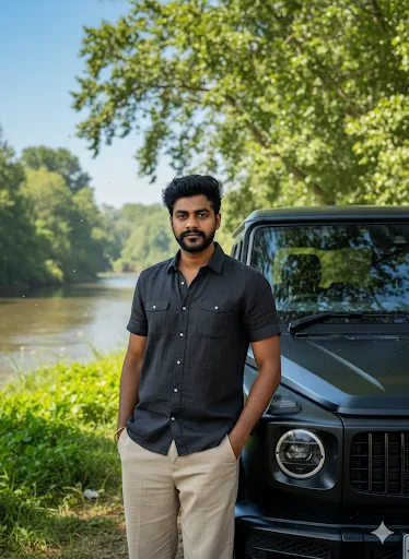 Luxury Car Outdoor Fashion: Stylish Man by the River (Gemini Ai Prompt)