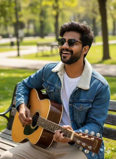 Young Man Playing Acoustic Guitar in Park with Denim Jacket (Gemini Ai Prompt)