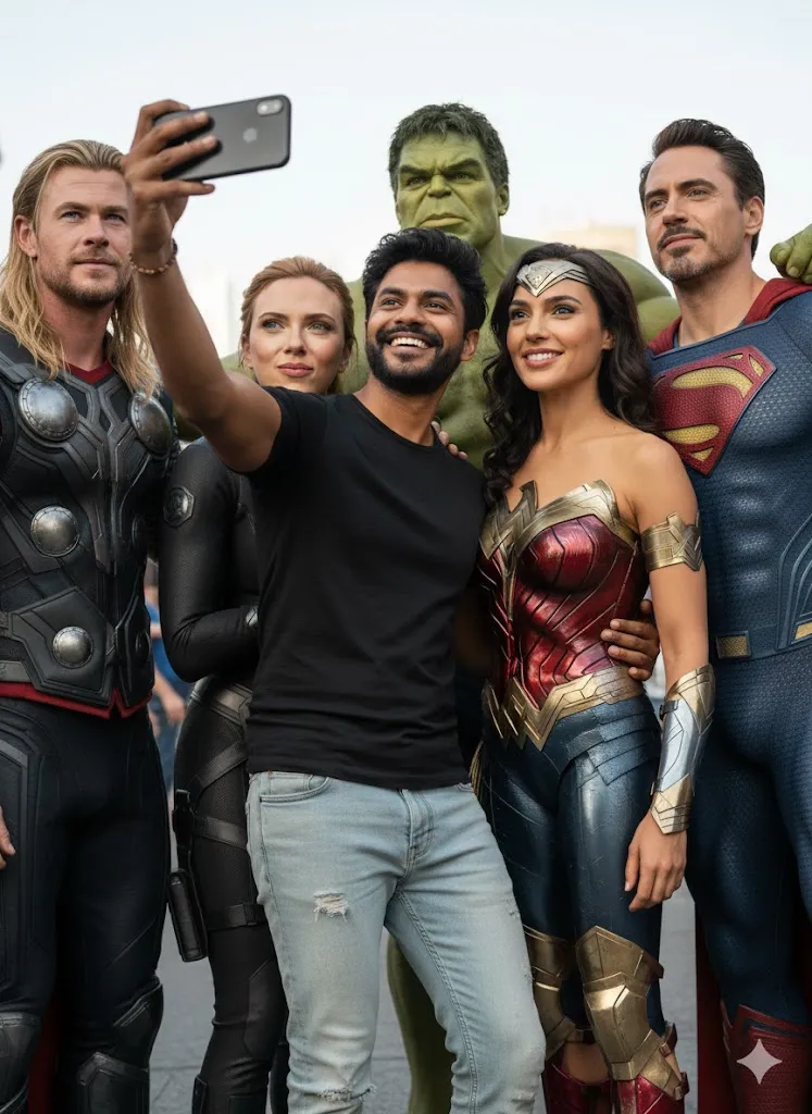 Epic Superhero Group Selfie: Cosplay Costumes at Outdoor Event (Gemini Ai Prompt)