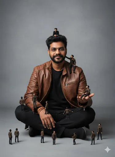 Creative Editorial: Man with Miniature Clones in Brown Leather Jacket Studio Concept (Gemini Ai Prompt)