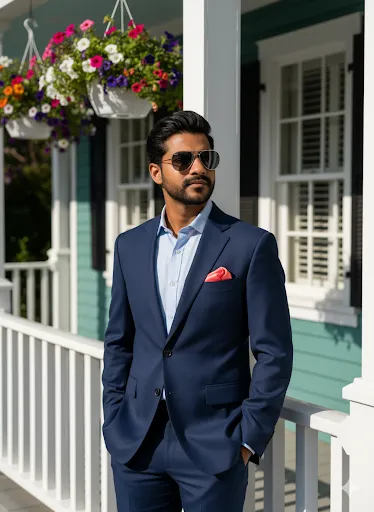 Confident Businessman in Navy Blue Suit on Sunny Porch (Gemini Ai Prompt)
