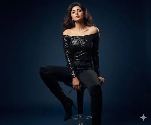 Chic Studio Fashion: Woman in Black Sequin Off-Shoulder Top and Pants (Gemini Ai Prompt)