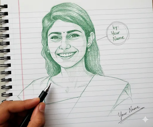 Hand-Drawn Woman Sketch in Notebook: Personalized Art Illustration (Gemini Ai Prompt)