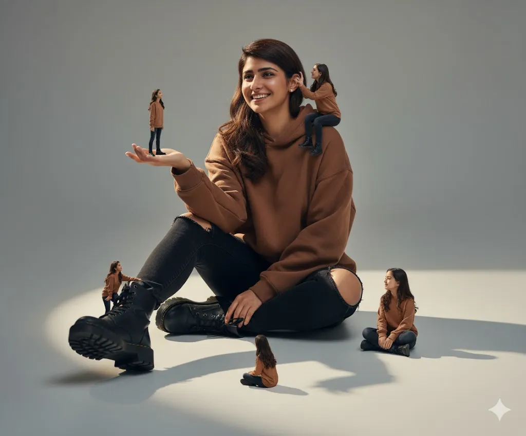 Surreal Studio Portrait: Woman Surrounded by Creative Miniature Versions of Herself (Gemini Ai Prompt)