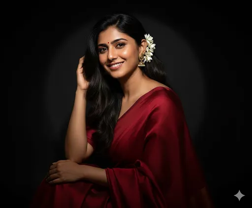 Classic Grace – Woman in Red Saree with Jasmine Flowers, Lit in Dramatic Shadow (Gemini Ai Prompt)
