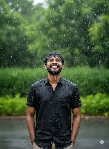 Monsoon Fashion: Young Man in Black Shirt Standing in Rain Outdoors (Gemini Ai Prompt)