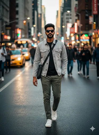 Urban Street Style: Confident Man Walking City Road in Casual Fashion (Gemini Ai Prompt)