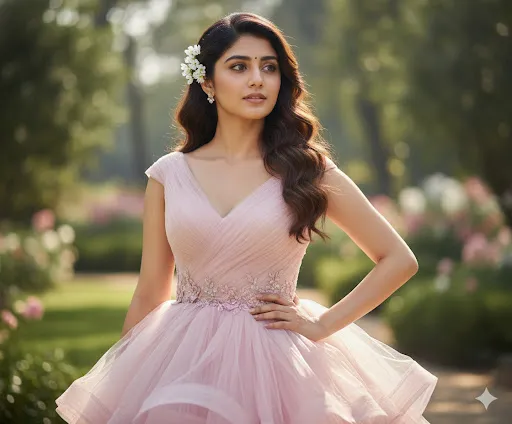 Dreamy Outdoor Portrait: Woman in Pale Pink Gown with Floral Hair in Garden (Gemini Ai Prompt)
