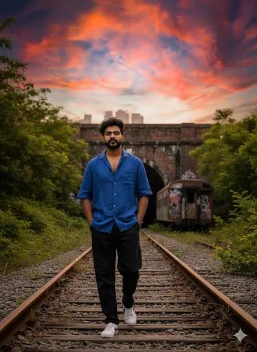 Man Walking on Railway Tracks at Sunset: Urban Fashion Style (Gemini Ai Prompt)