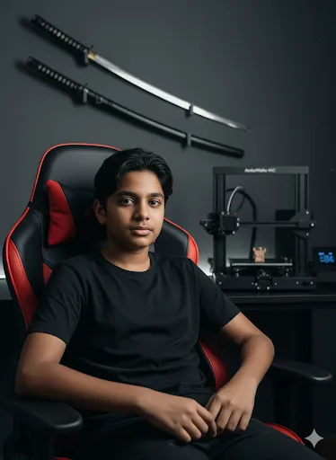 Teen Boy in Gaming Setup with Samurai Swords and 3D Printer (Gemini Ai Prompt)