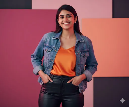 Bold Studio Look: Woman in Orange Top, Black Leather Pants, and Denim Jacket Against Colorful Wall (Gemini Ai Prompt)