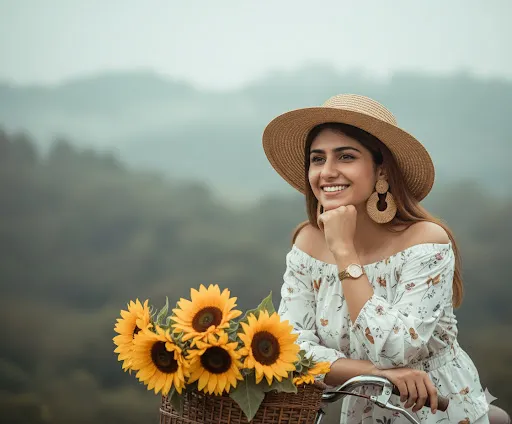 Romantic Outdoor Portrait: Woman in Floral Dress and Straw Hat with Sunflowers on Bicycle (Gemini Ai Prompt)