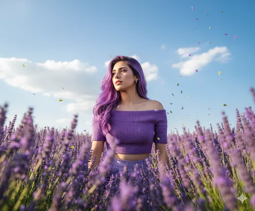 Lavender Dream – Woman with Purple Hair in Blooming Field (Gemini Ai Prompt)