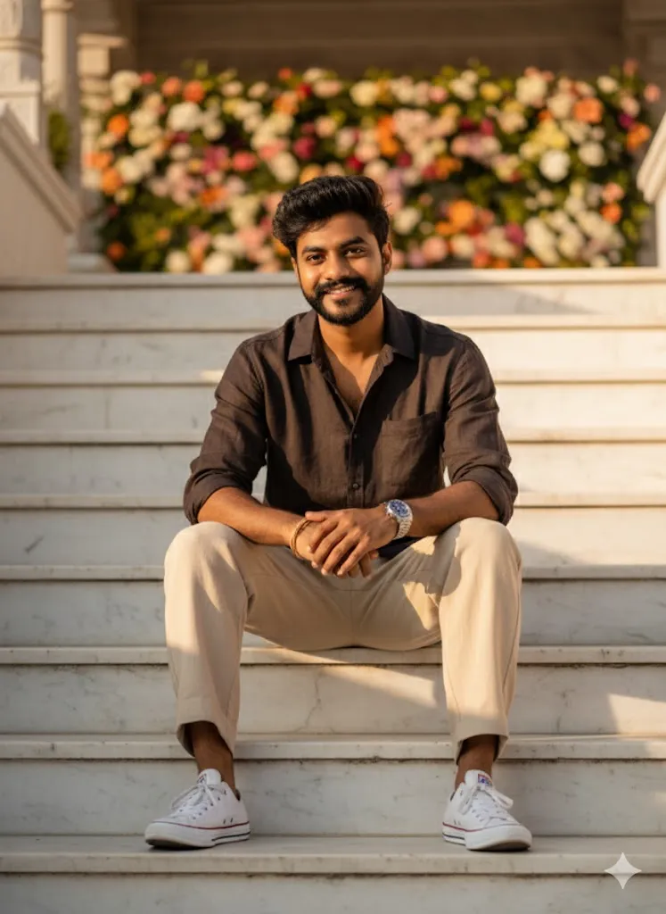 Stylish Outdoor Portrait: Man in Brown Shirt, Beige Pants, and White Sneakers on Marble Steps (Gemini Ai Prompt)