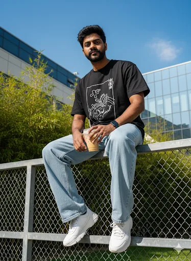 Street Style: Young Man in Graphic Tee and Jeans with Coffee Outdoors (Gemini Ai Prompt)