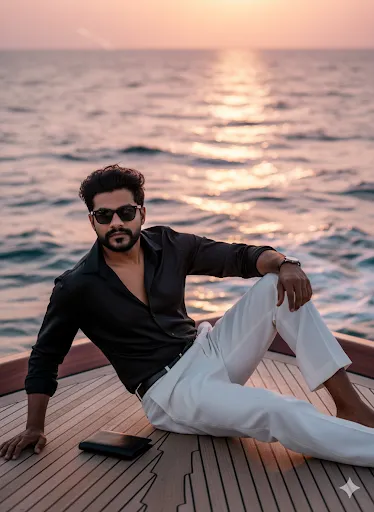 Elegant Man Relaxing on Yacht at Sunset: Summer Luxury Fashion (Gemini Ai Prompt)
