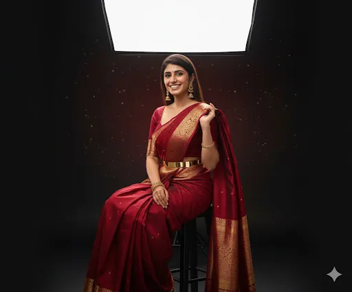 Studio Portrait of Woman in Red Saree with Gold Jewelry: Traditional Indian Elegance (Gemini Ai Prompt)