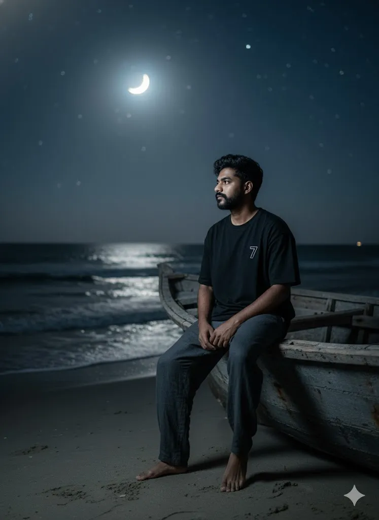 Moody Night Portrait: Man Sitting on Boat under Crescent Moon at Beach (Gemini Ai Prompt)
