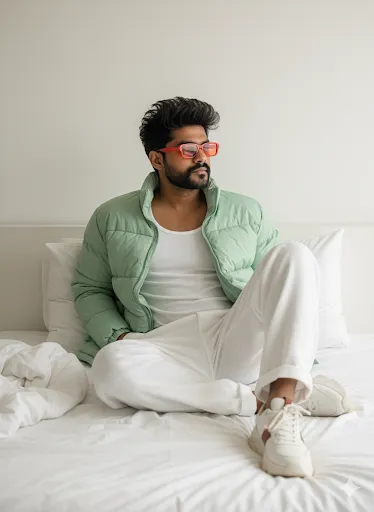 Minimalist Men's Fashion: Light Green Puffer Jacket and White Casualwear Indoors (Gemini Ai Prompt)