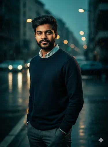 Refined Urban Fashion: Man in Navy Sweater on Rainy City Night Street (Gemini Ai Prompt)
